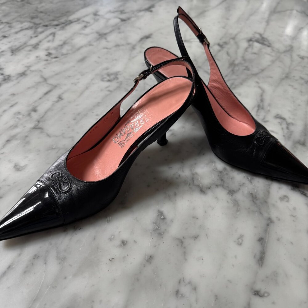 Salvatore Ferragamo Leather and Patent Slingback Pumps, Black Gancini Logo. 7.5